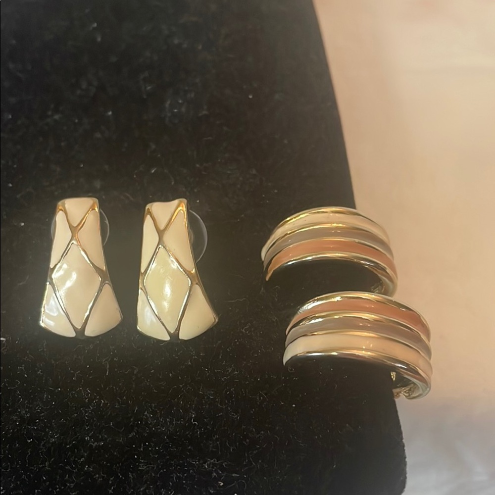 2 Pairs of Vintage Gold and Cream Enamel Earrings